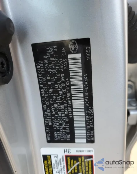 2009 Toyota Camry Base from USA, damaged, VIN 4T4BE46KX9R110894